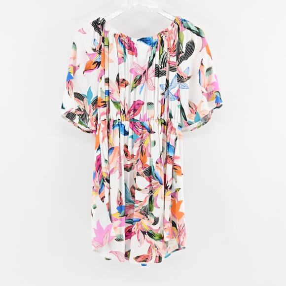 LA BLANCA Dress Size L Paradise Floral ALine Mini White Multi Off Shoulder - Picture 3 of 13